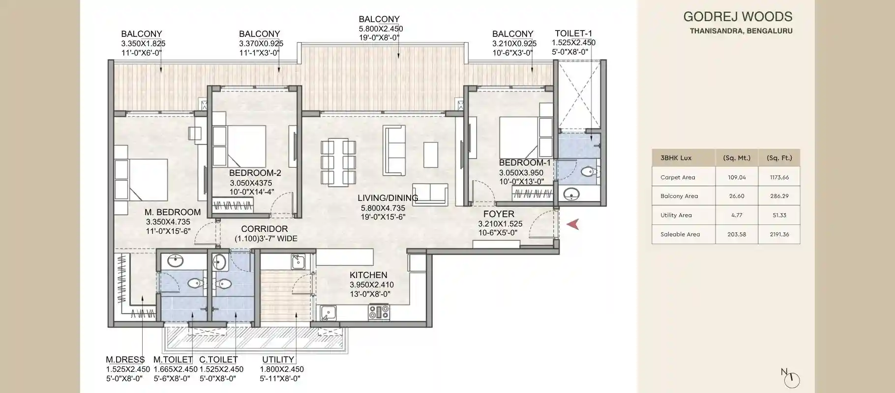 Godrej Aveline Yelahanka 3 BHK Floor Plan